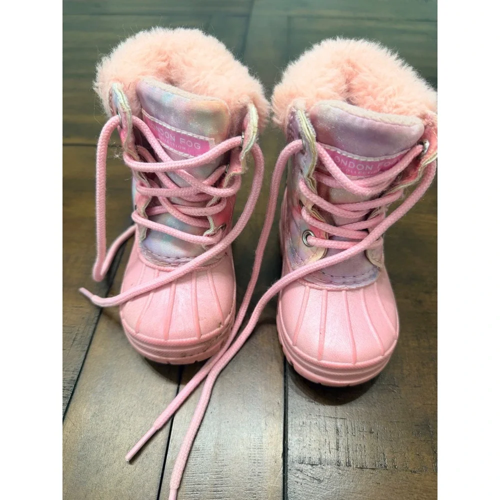 London Fog Girls Pink Tie Dye Faux Fur Winter Snow Boots Size 5 BF2130